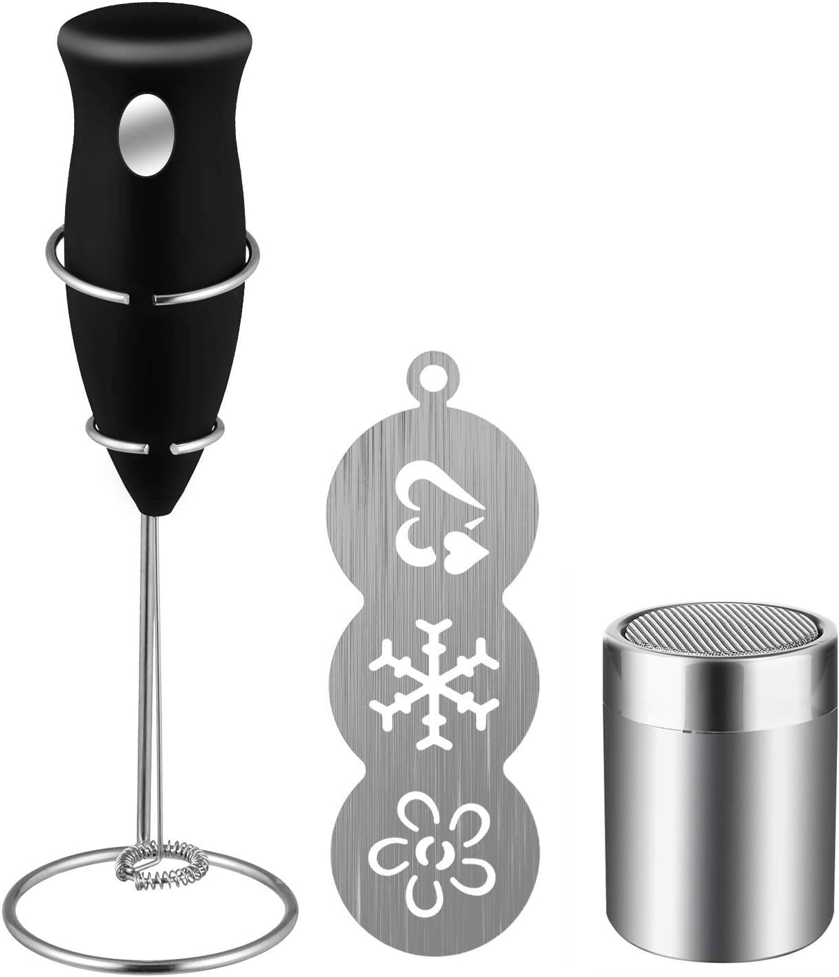 Coffee Art Set, Coffee Milk Frother Drink Mixer with Cocoa Chocolate Shaker and Art Stencils for Cappuccino, Coffee, Latte, Hot Chocolate, Cooking (Includes Mini Mixer Stand)