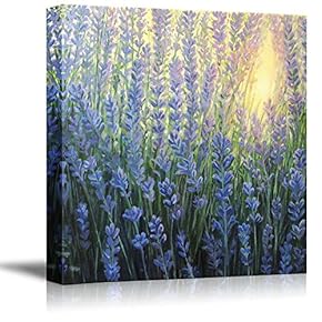 Canvas Prints Wall Art - A Violet Lavender Bush Blooming in The Last Rays of The Sun at Dusk in Oil Painting Style | Modern Wall Art Stretched Gallery Canvas Wraps Giclee Print & Ready 12" x 12"