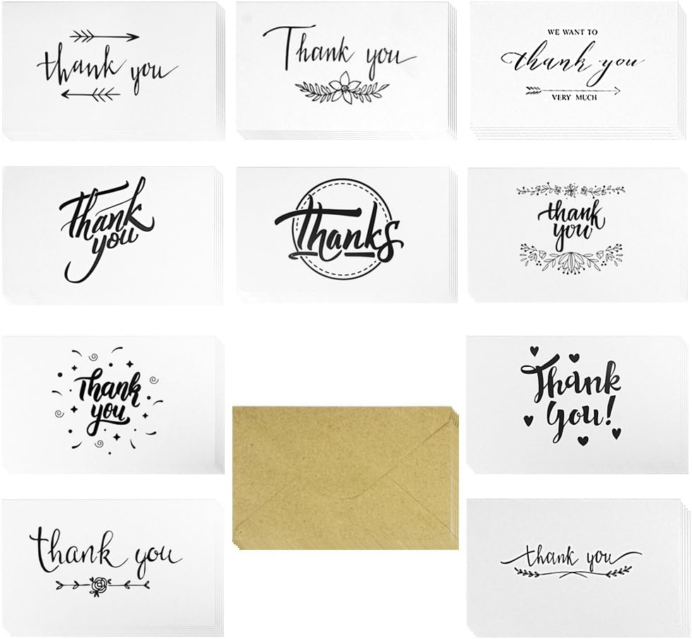 APLANET 60pcs Thank You Card and Envelope Set - Blank Inside - 10 Thank You Designs - 6x7 inches