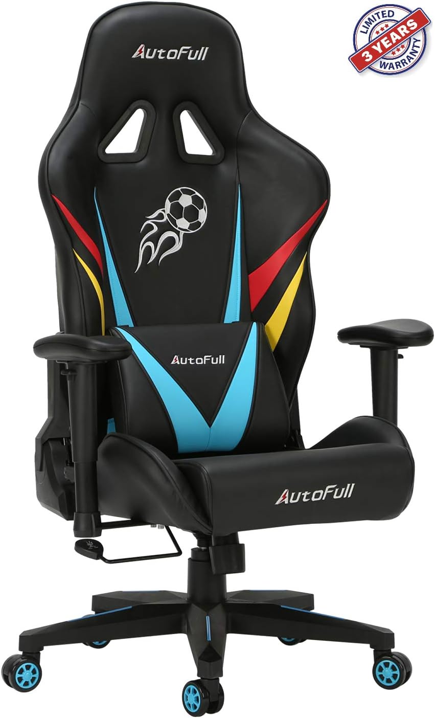 AutoFull Pro Big and Tall Gaming Office Chair Ergonomic High Back PU Leather Bucket Seat Racing Desk Grey Chairs with Lumbar Support (3-Years Warranty) (C-Blue)