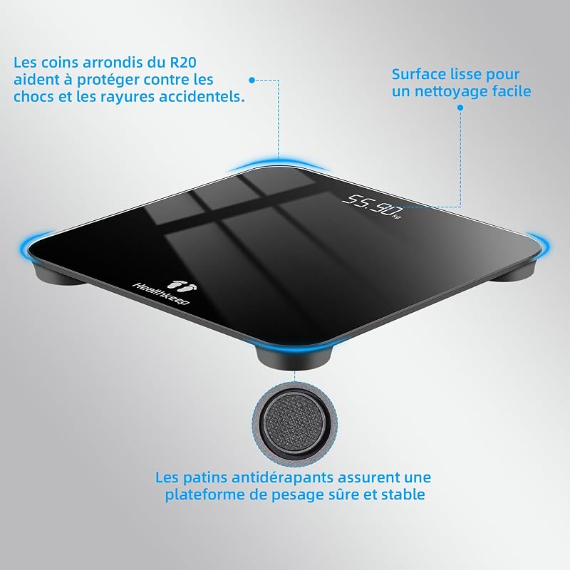 Balance Pese Personne Numérique, Haute Précision avec Affichage Lumineux, Technologie Step-On 5mm Verre Trempé, Haute Précision à 180kg/ 400lb