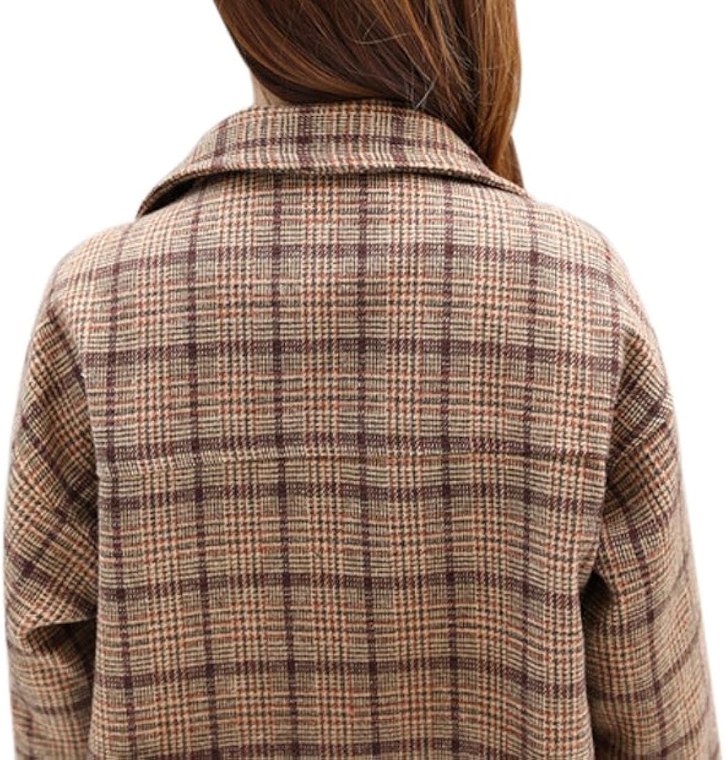 Tanming Women's Double Breasted Long Plaid Wool Blend Pea Coat Outerwear: Clothing