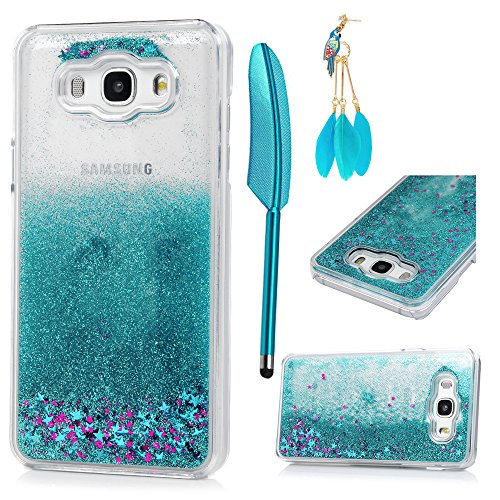 MOLLYCOOCLE Galaxy J7 2016 Case,Bling Sparkle Glitter Transparent Clear PC Hard Plastic Back Lovely Quicksand and Cute Star Flowing Liquid Cover for Samsung Galaxy J7 LTE (2016) J710M - Light Blue