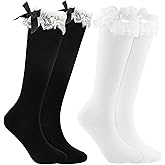 2 Pack Girls Knee High Socks Bow,Calf Socks Bow,Cotton Lace Ruffle Girls Sock,White long Lolita Frilly Lace Ruffle Trim Sock for Costume Cosplay Dating Dance