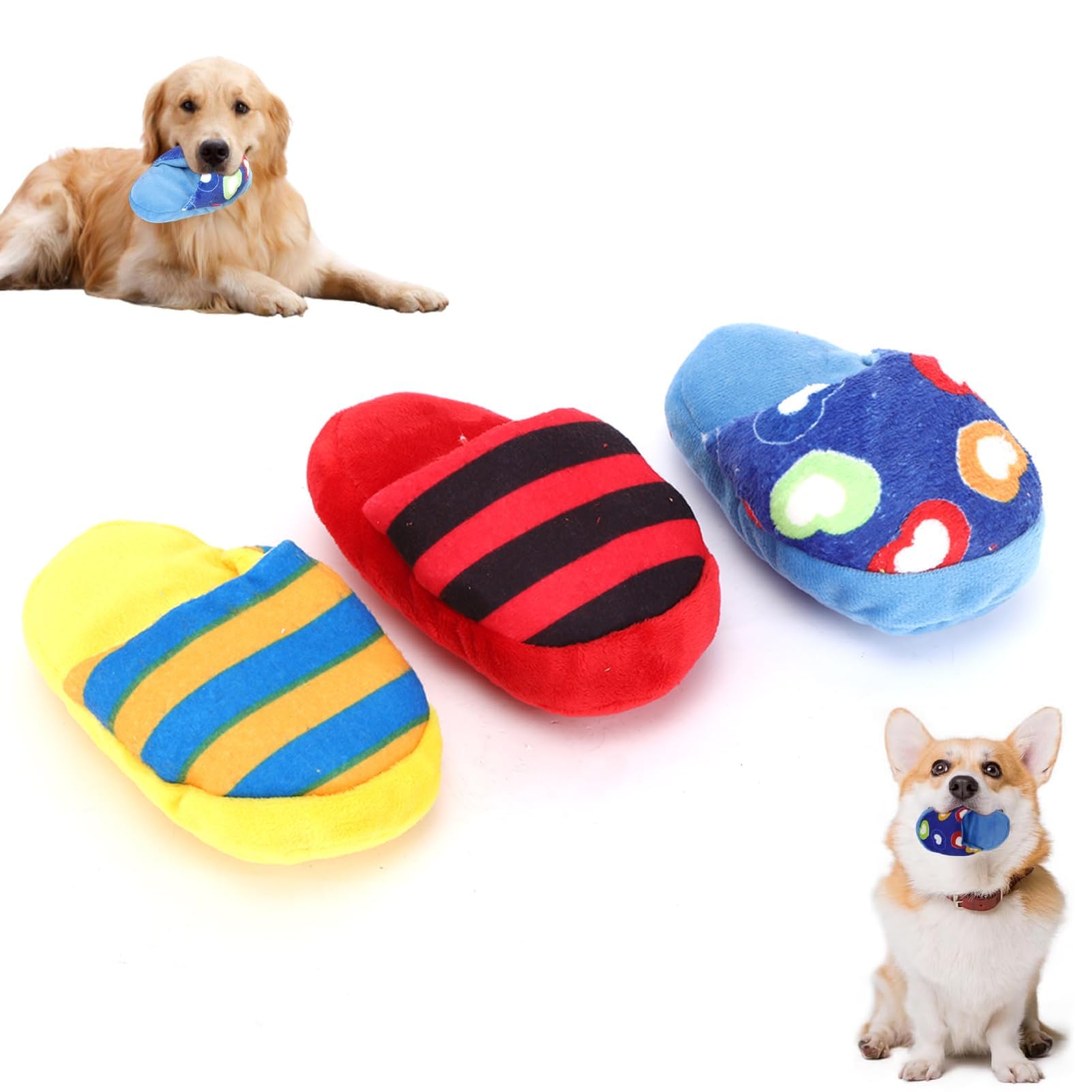 Agatige 3Pcs Plush Pet Dog Squeaky Toys, 15cm/5.91inch Squeaker Plush Sound Toy Slipper Shape Teeth Cleaning Protection Interactive Training Puppy Dog Chewing Biting Toy for Dogs Cat