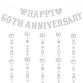 Plzaxou 60th Anniversary Silver Glitter Banner with 60 Diamond Heart Garland, Just Married 60 Years Ago, We Still Do 60th, 60 Years Blessed & Loved Party Decorations
