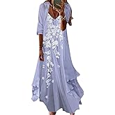 Women’s 2 Piece Dress Sets Boho Floral Print Spaghetti Strap V Neck Maxi Dress and Irregular Hem Chiffon Cardigan Sets