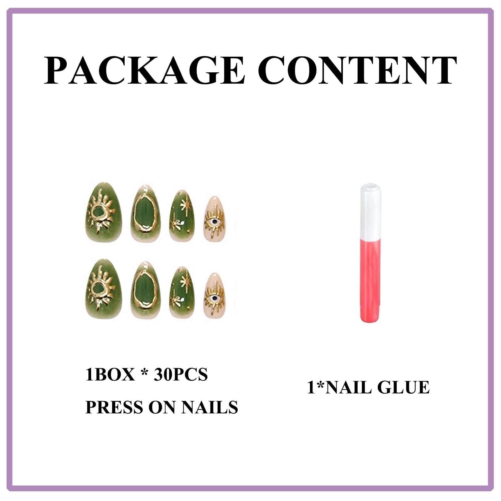 MERVF Almond Press on Nails Medium Fake Nails Green Gradient Glue on Nails Gold Sun Star Press ons Stiletto Acrylic Nails with Aura Design 30pcs Glossy - Image 4