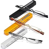 MMOWW Small Reading Glasses Men Women 3 Pairs Slim Pocket Readers with Pen Clip Metal Case Spring Hinge 2.0