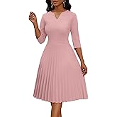 Nmoder Midi Dresses for Women - 3/4 Sleeve Pleated A Line V Neck Church Cocktail Wedding Guest Dress with Pockets