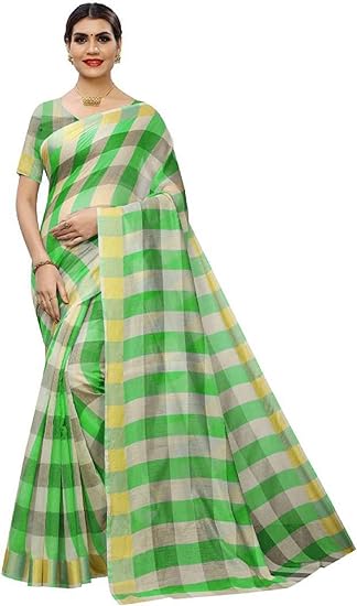 Womens Chanderi Cotton Silk Blend Linen Style Saree with Blouse (Green New)