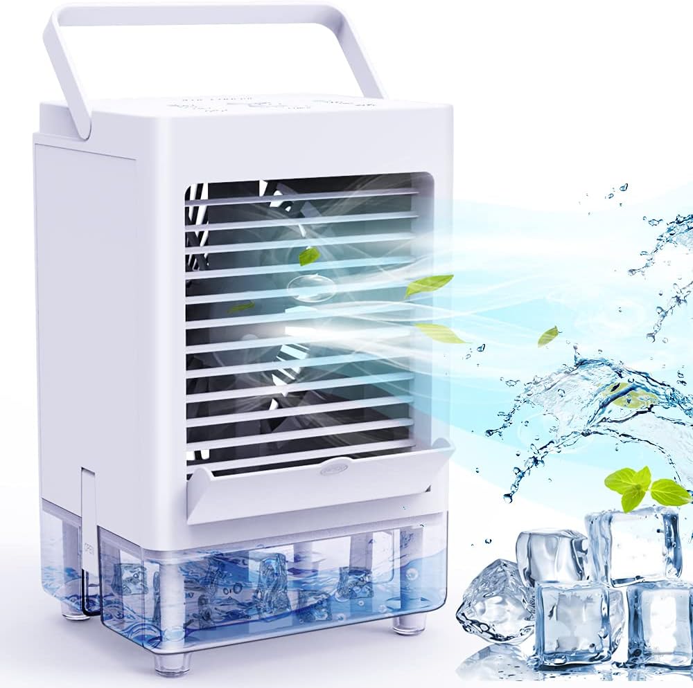 Portable Air Conditioner Fan with 3 Wind Speeds, 5000mAh Rechargeable Battery Personal Air Cooler with 1/2/4/8H Timer, Ice Air Cooler Fan for Home Office Bedroom Outdoor