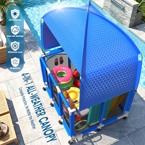 ZoneJoy Pool Float Storage with Canopy,Pool Storage Bin XXX-Large,Outdoor Pool Toy Storage Organizer for Pool, Floats & Balls, Outdoor Pool Toy Storage with Rolling Cart for Swimming Equipments