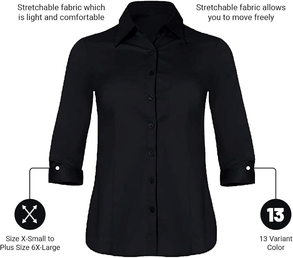 Button Down Shirts for Women 3 4 Sleeve Fitted Dress Shirt and Blouses Work Top: Clothing