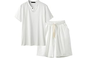 LCMTWX Men's Cotton Linen V Neck Henley T-Shirt & Shorts Set, Loose Fit 2-Piece for Casual & Sleepwear