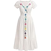 IKADEX Women Mexican Embroidered Dress Puff Sleeve V-Neck A-line Midi Dress Boho Summer Beach Cinco de Mayo