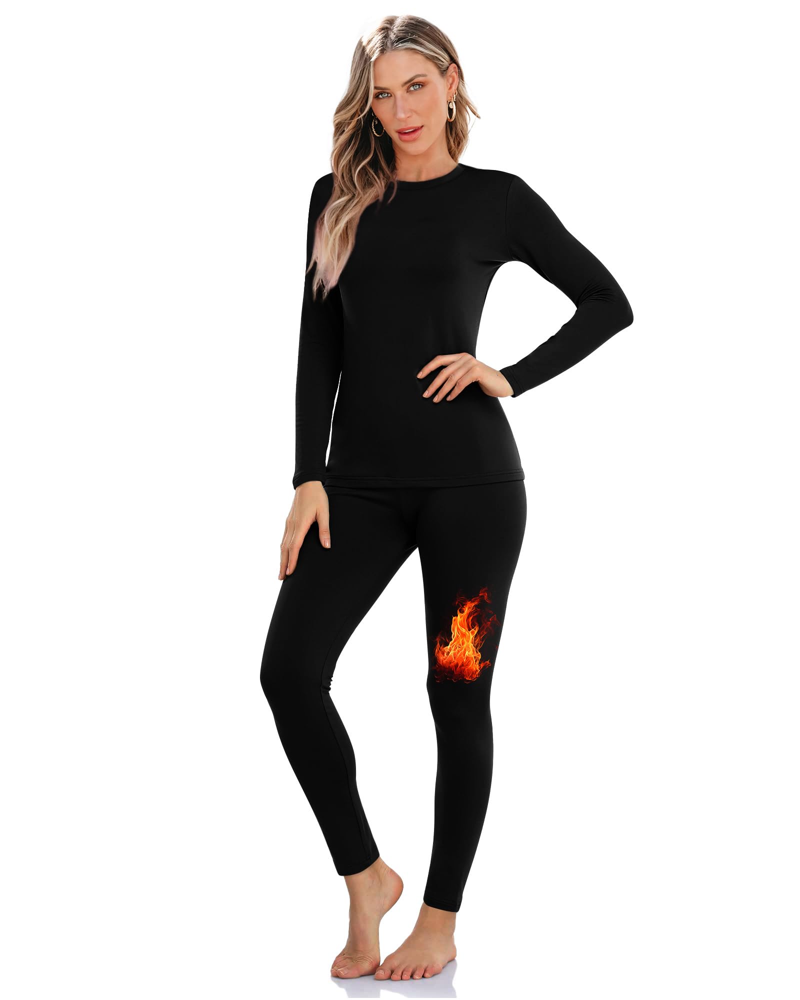 Photo 1 of SAMPEEL Thermal Underwear for Women Cold Weather Warm Clothes Fleece Lined Plus Size Long Johns Winter Base Layer Shirt Top and Leggings Pants 2 Piece Set Black L