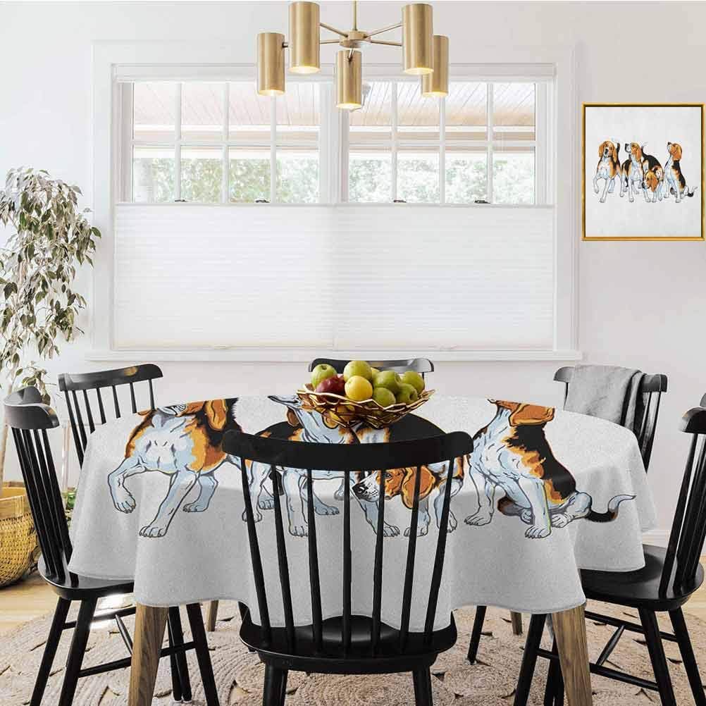 shirlyhome Beagle Waterproof Table Cloth Four Beagle Hounds Siblings Playing Foxhound I Love My Dog Breed Theme Round Table Cloth for Birthday Party Brown White and Black (Diameter 60")