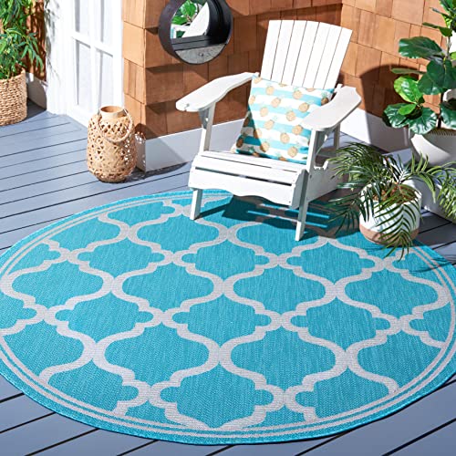 SAFAVIEH Washable Rug Outdoor Bermuda Collection - 6'7" Round, Aqua & Grey, Non…