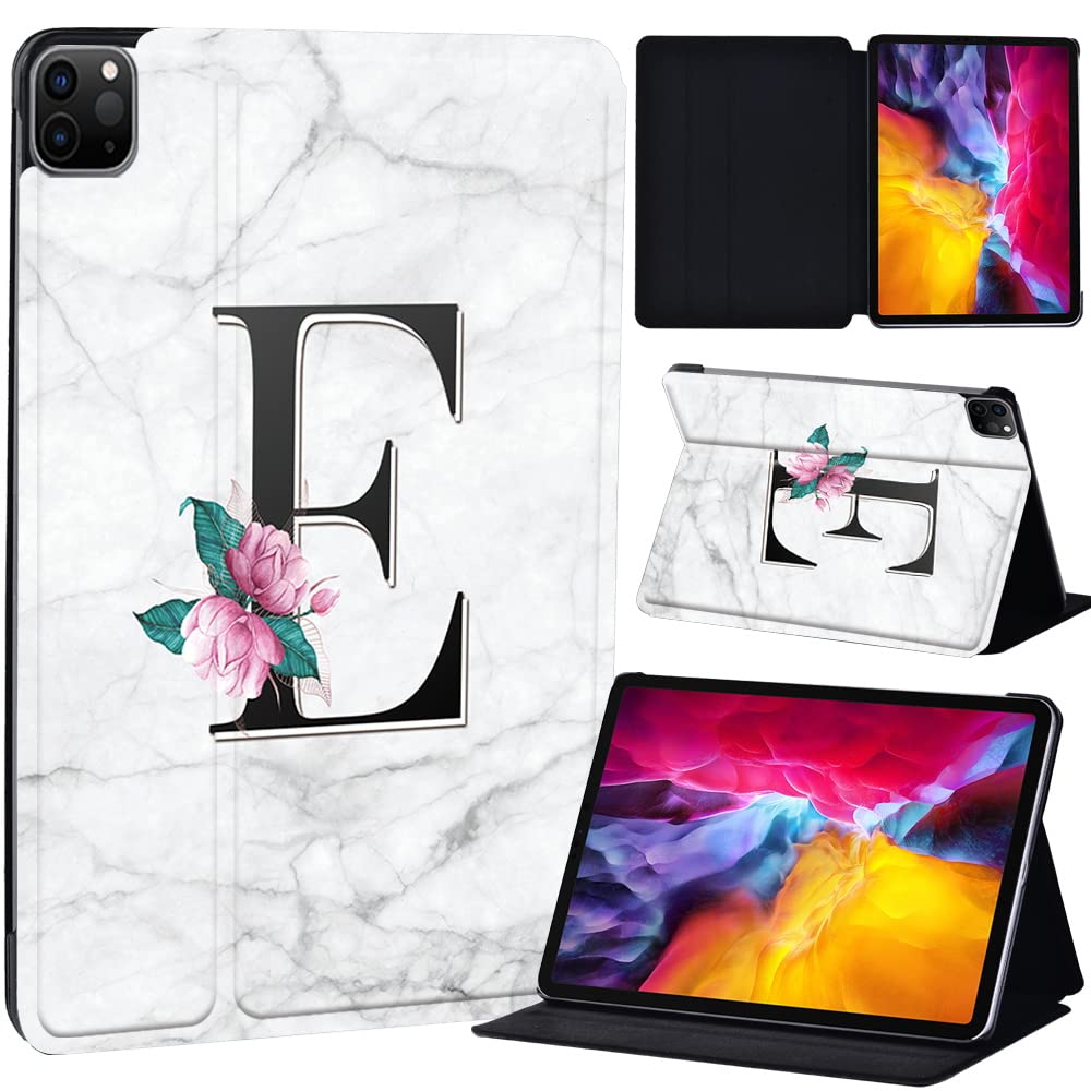 PU Leather + hard shell Ultra slim lightweight Folio Flip Tablet Stand Smart Cover Case Fit iPad Air 4 10.9" (2020) / iPad Pro 11" (2018 2020 2021) (letter E on white marble)