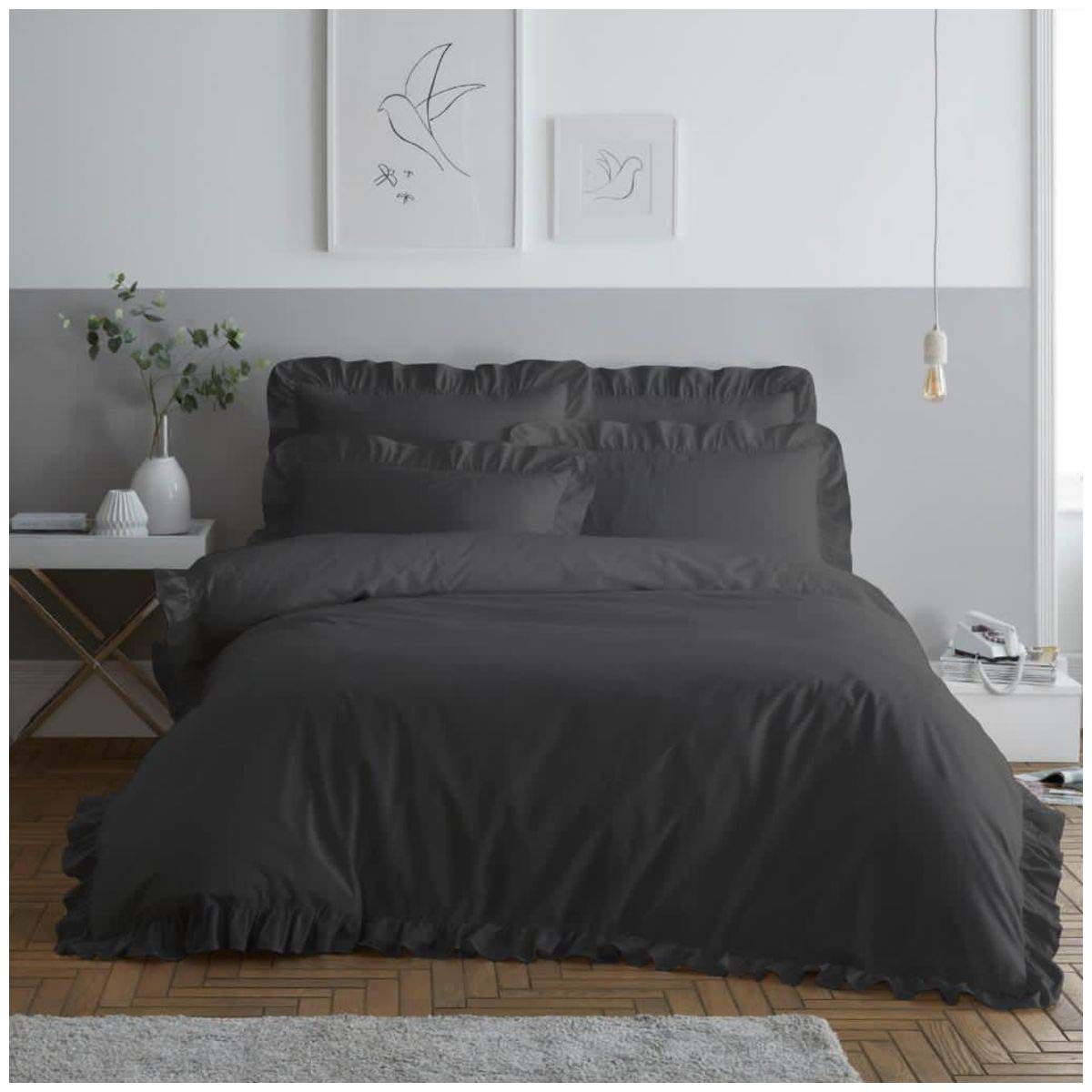 GC GAVENO CAVAILIA Ruffle Bedding Easy Care Plain Dyed Duvet Cover Frill Quilt Set, Polyester, 50% Cotton, Charcoal, King