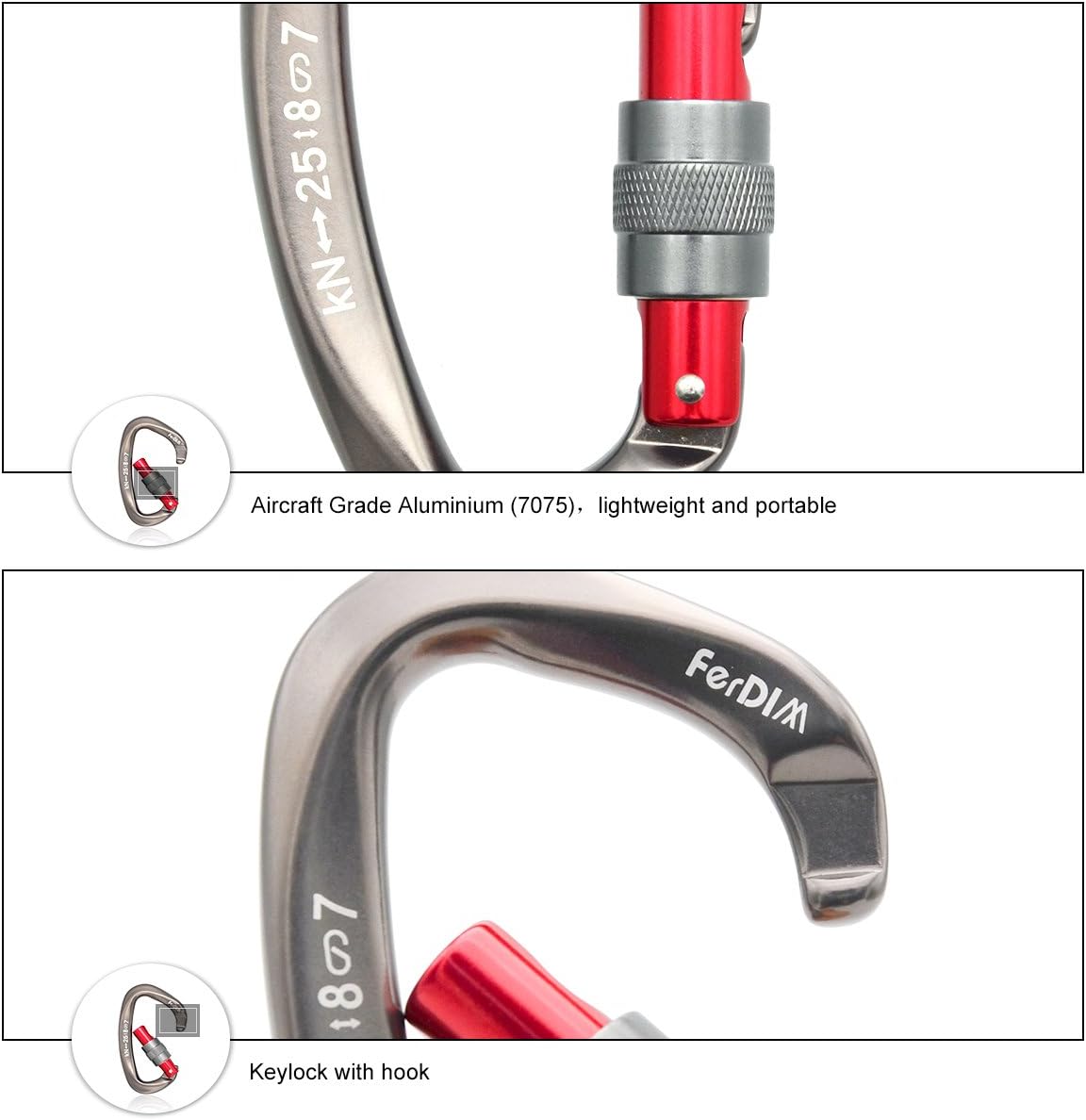 FerDIM Climbing Carabiner 25KN (5620 lbs) CE Certified Professional Heavy Duty Strong Caribeaners Clip for Rock Climbing Rappelling Swinging Tree Climbing Dog Leash D-Shaped Large Size : Sports & Outdoors