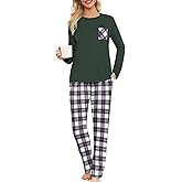 ENJOYNIGHT Womens Pajama Set Long Sleeve Pjs Two Piece Sleepwear Plaid Pant with Pockets