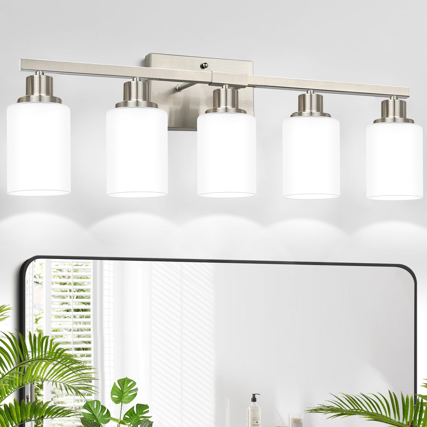Photo 1 of MOKATNG 5-Light Vanity Light with Milky White Shades, Brushed Nickle Bathroom Lighting Fixtures Over Mirror, Modern Bathroom Wall Lamp for Mirror Living Room Cabinet Bedroom