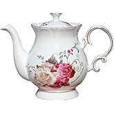 Jomop European Style Ceramic Flower Teapot Coffee Pot Water Pot Porcelain Gift Large 5.5 Cups (1, Rose)