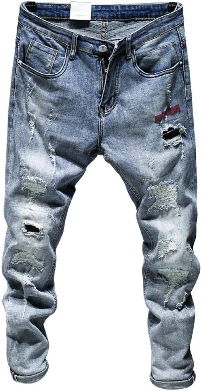 Mens Jeans Holes Frayed Ripped Light Blue Skinny Stretch Slim Leg