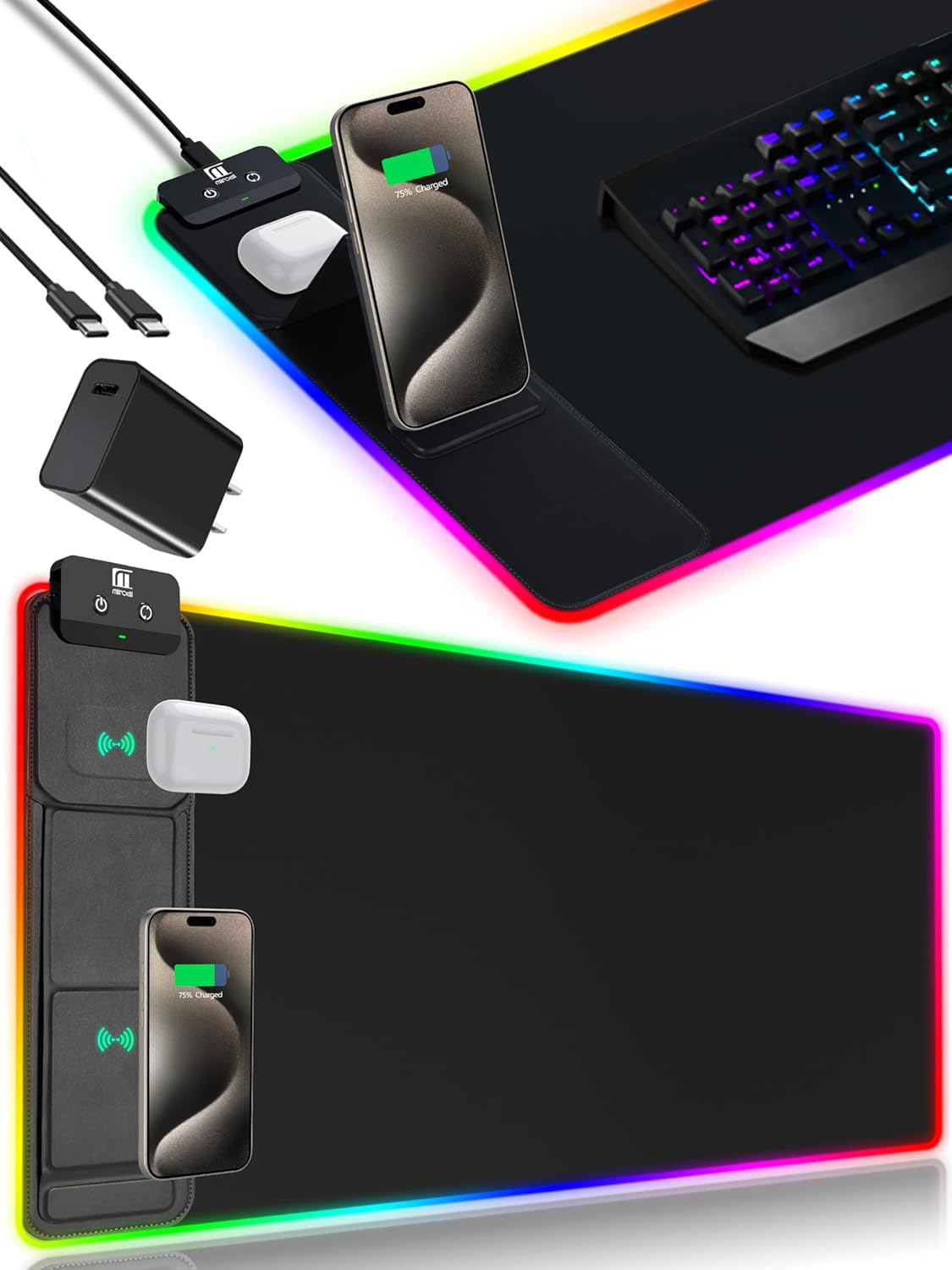 Photo 1 of XXL Mouse Pad with Phone Holder, RGB Desk Mat with 15W Fast Charging, LED Large Gaming Mouse Pad with 11 Lights Colors, Long Mouse Pads, Waterproof Non-Slip Desk Pad for Gamer Esports Pros