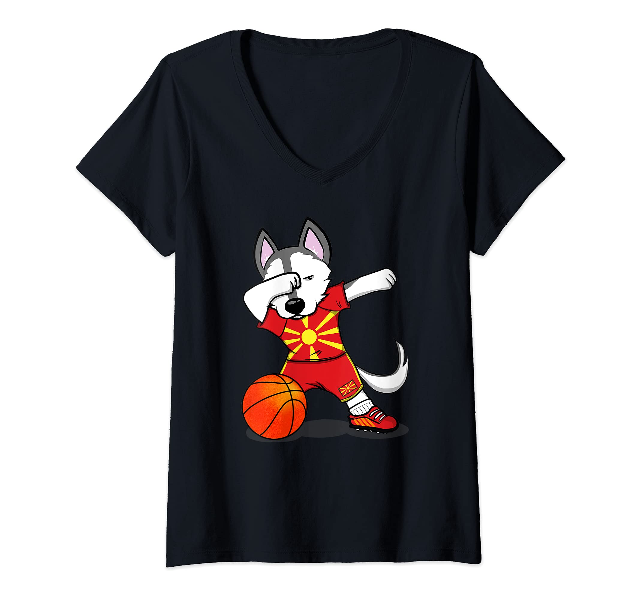 Womens Funny Dabbing Husky Dog Macedonia Basketball Fan Jersey Flag V-Neck T-Shirt