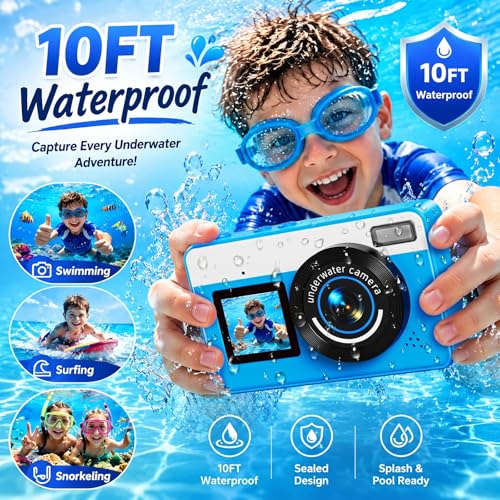 Maxmango D70 4K Macchina Fotocamera Subacquea - 48MP 10FT Fotocamera Digitale Impermeabile per Snorkeling - Doppio Schermo Compatta Galleggiante con 32GB - Batteria 1200mAh per Bambini e Ragazzi (Blu)