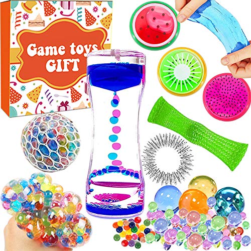 11 PCS Sensory Fidget Toys Squeeze Stress Relief Blood Toys 280+Water Beads/Fluffy Slime/Squeeze Ball/Squishy Stress Balls/Fidget Mesh Marble/Liquid Motion Timer for Kids Adult ADHD ADD Anxiety Autism
