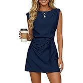 Wenrine Womens 2026 Summer Mini Dress Casual Sleeveless Tie Waist Loose Ruched Beach Vacation Short Sundresses