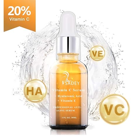 VSADEY Vitamin C Serum, Voll Feuchtigkeitsspendend, Bio Kollagen Booster Gesichtsserum, 20% Vitamin C + Hyaluronsäure + Vitam