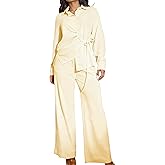 Elainone Pants Sets Women 2 Piece Outfits Long Sleeve Button Down Drawstring Shirt and Wide Leg Pants Matching Set
