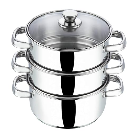 Vinod Stainless Steel 3 Tier Steamer with Glass Lid -18 cm (Induction Friendly)