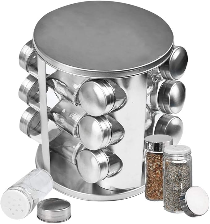 BUYGOO Stainless Steel Spice Rack with Jars(12Pcs), Rotating Spice