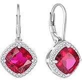 Lwsary Square Princess Cut Dangle Drop Earrings 925 Sterling Silver Halo Solitaire Leverback Earrings Birthstone Jewelry for Women