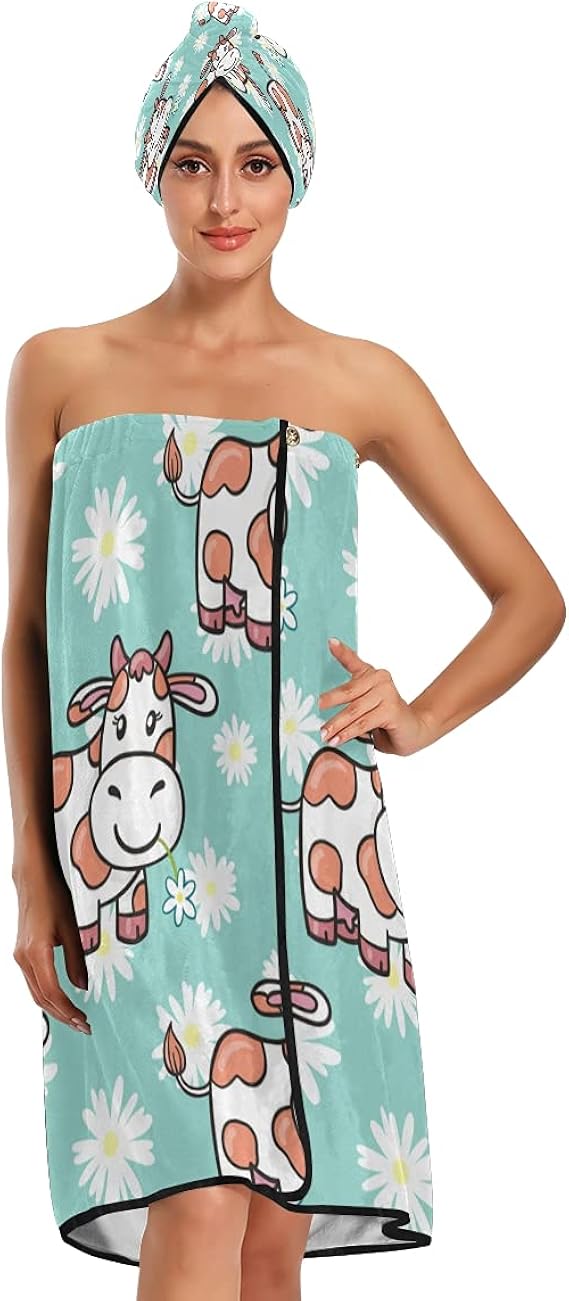 Velcro Towel Wrap For Women Cute Active Frendly Cow Girls Towel Wrap Adjustable Bath Towels Set