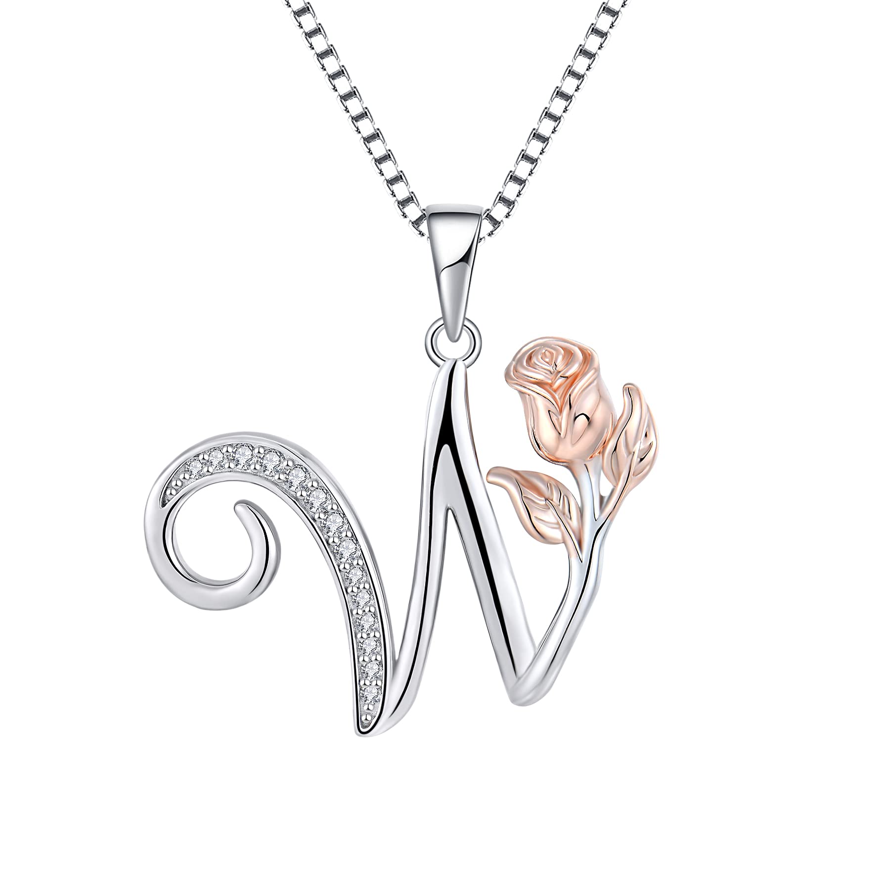 starchenie Alphabet Rose necklace Letter W Necklace Zirconia Pendant 925 Sterling Silver Necklace for Women
