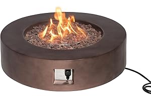SUNBURY Outdoor 42-Inch Propane Fire Pit, Circular Dark Brown Concrete Patio Fire Table 50,000 BTU w Waterproof Cover, Lava Rocks