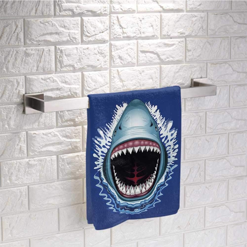 prunushome Travel Towel Shark Sand Free Pool Towel Attack of Open Mouth Sharp Teeth Sea Danger Wildlife Ocean Life Cartoon Suitable for Swimming and Sports Towel Royal Blue Teal (14"x14")