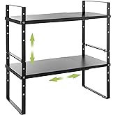 Across-Star Expandable Cabinet Shelf Organizer Rack, Stackable Kitchen Countertop Organizer Storage Shelves, Adjustable Height Pantry Counter Shelf Riser Spice Rack (Black, 2 Pack)