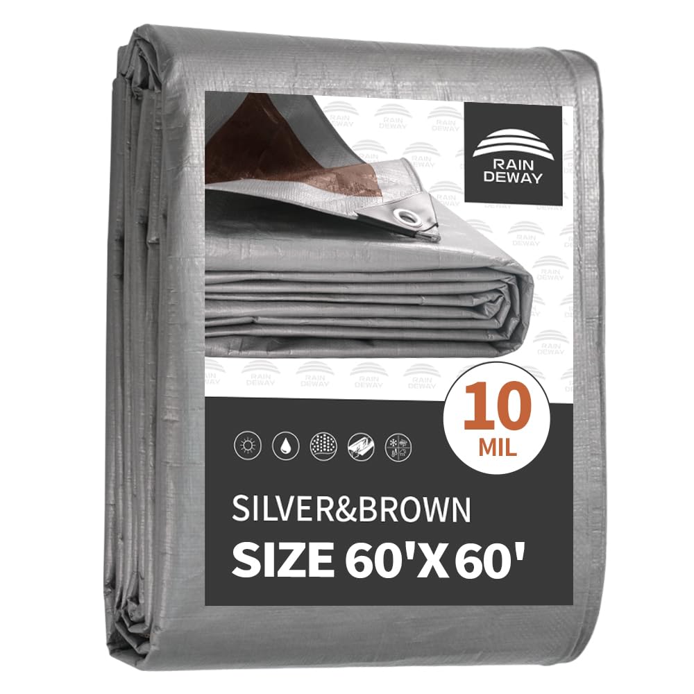 RAINDEWAY Tarps Heavy Duty Waterproof 60x60 Feet,10Mil Thick Multipurpose Large Tarp Cover with Metal Grommets and Reinforced Edges,Silver/Brown Tarp Image RAINDEWAY Tarps Heavy Duty Waterproof 60x60 Feet,10Mil Thick Multipurpose Large Tarp Cover with Metal Grommets and Reinforced Edges,Silver/Brown Tarp Image