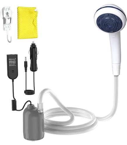 Amazon.com: Portable Outdoor Camping Shower Kit, MASO 12V Automobile Showers  with Water Pump, 5 Meter Cable Cigarette Lighter Plug Max 7L Water Per  Minute for Pet Bath Car Washing : Sports &