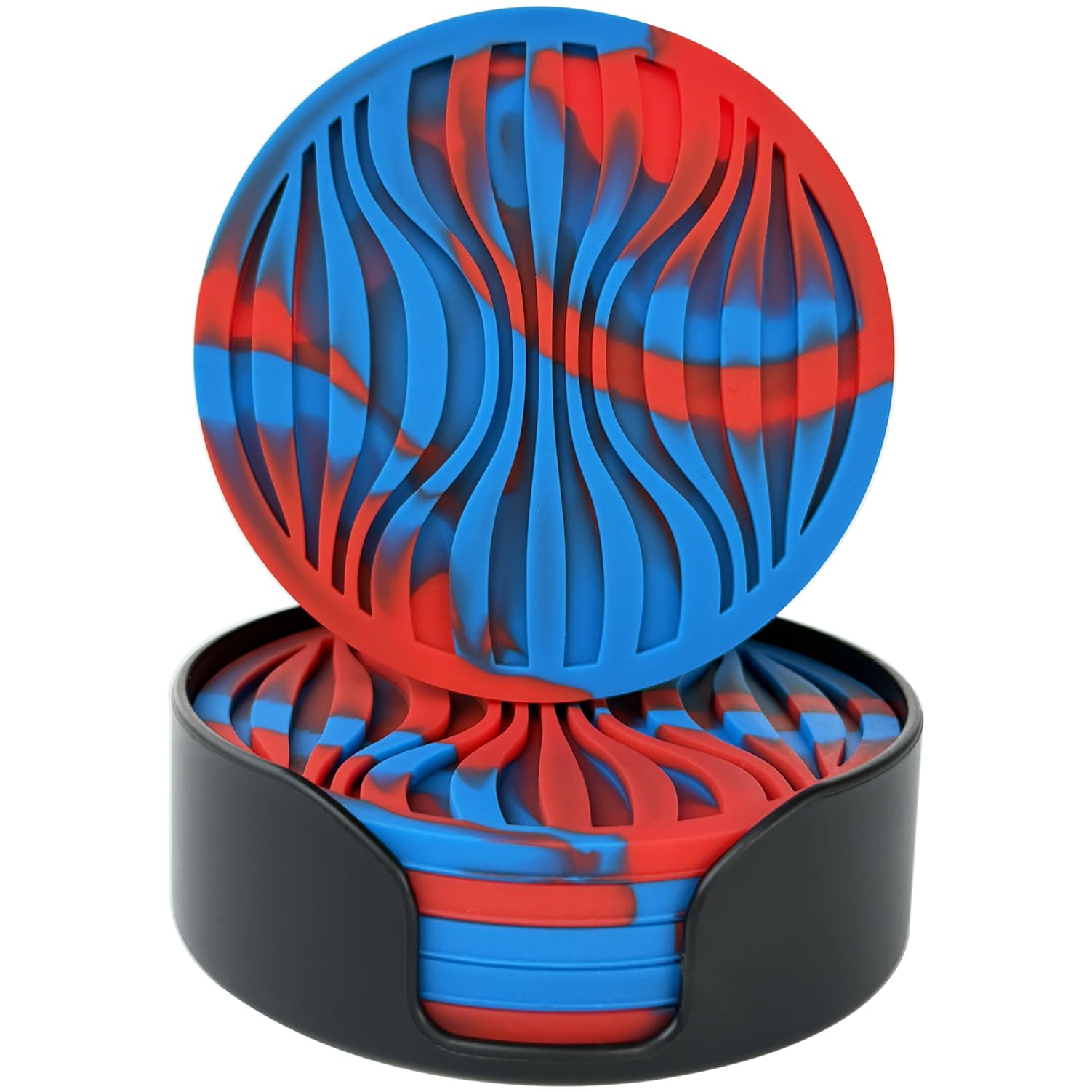 Silicone Coasters Set of 6 - Thick Design (0.5 cm) Round, Heat Resistant for Pot, Drinks, Coffee, Beer - Non-Slip Bar Mat with Patterns (Blue + Red)