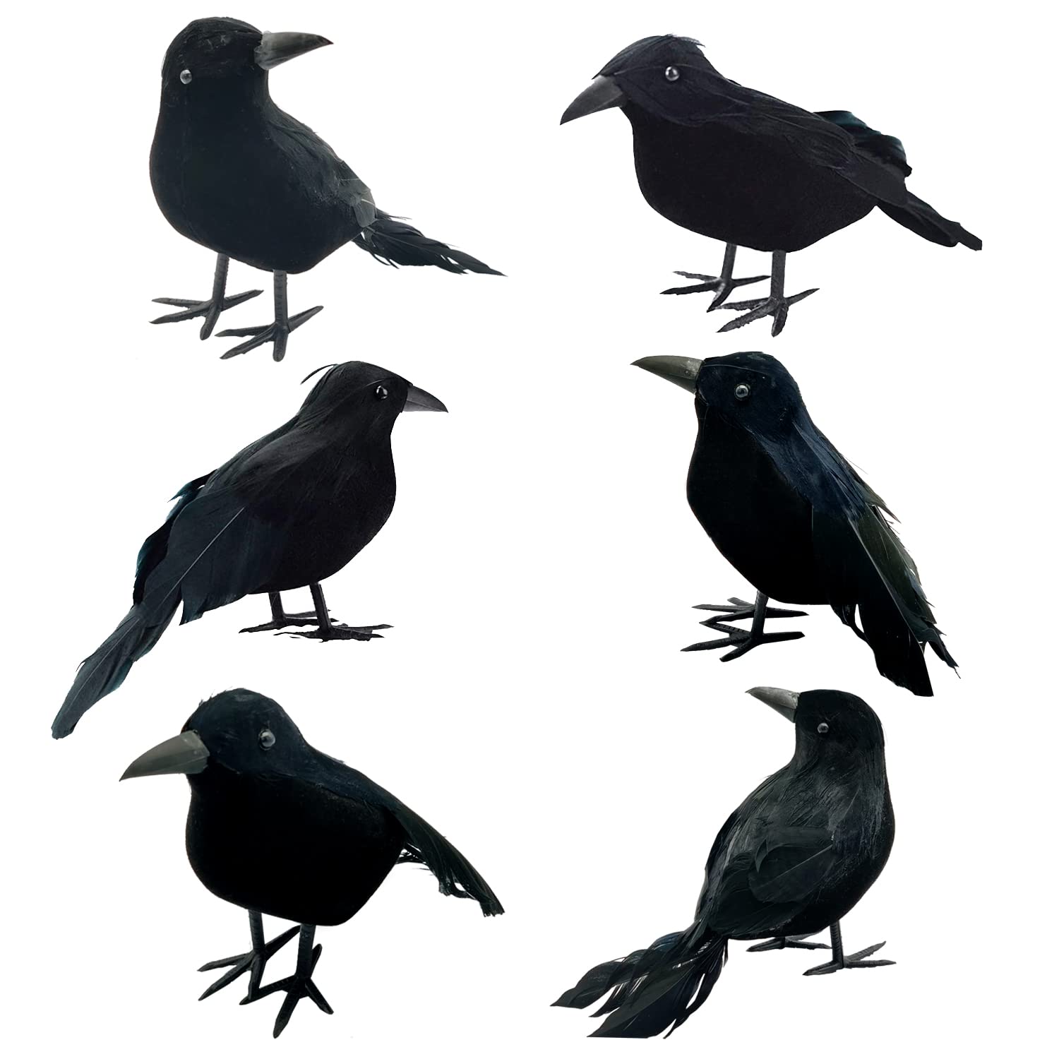 Photo 1 of 6 Pieces Halloween Black Feathered Crows - Realistic Handmade Ravens for Indoor Outdoor Decoration, 3 Styles