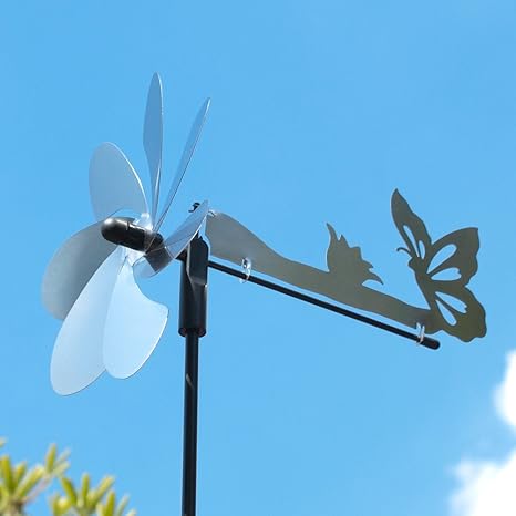 Edelstahl Windrad - Silhouette Schmetterling - extrem wetterfest - Windrad: Ø20cm, Motiv: 21x9cm - inkl. 70cm Standstab und B